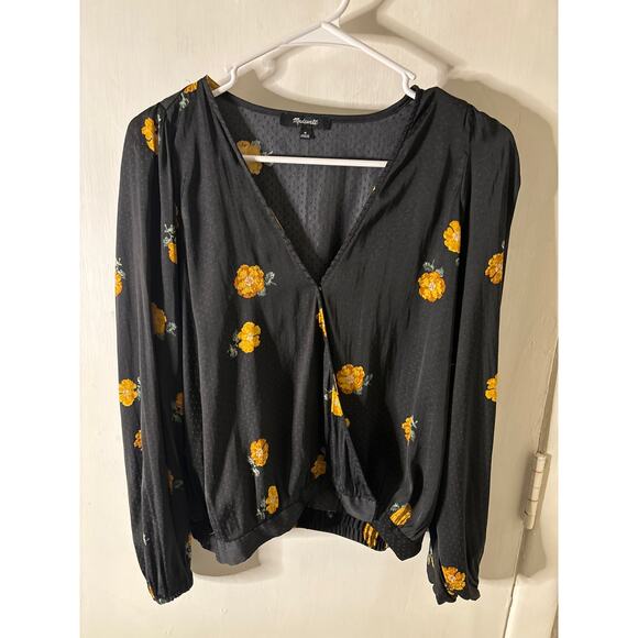 Madewell Bubble-Sleeve Wrap Top in Floating Florets M Black/Multicolor V-Neck - Picture 3 of 8